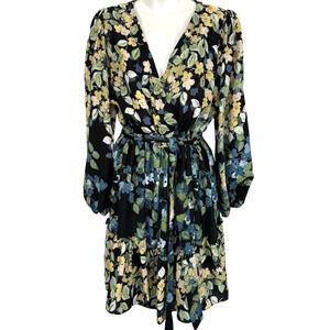 Melonie T Womens Wrap Look Floral Puff Long Sleeeve Belted Ruffle Dress sz L